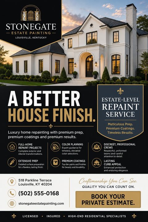 A flyer for estate-level repaint services featuring a large photo of a luxury white house at twilight. The design uses a black background with gold and white text, highlighting services like full-home repaints, extensive prep, and premium coatings.