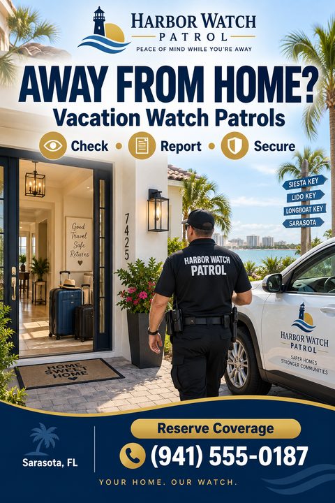A security guard in uniform walks toward an open house door with suitcases inside, next to a white patrol car. The flyer features navy and gold text blocks.