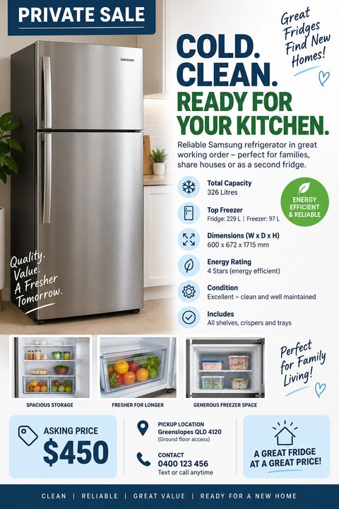A private sale flyer for a refrigerator featuring a large photo of a stainless steel fridge, three smaller interior photos, a bulleted list of specifications, asking price, and contact details.
