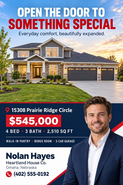 Real estate listing flyer featuring a large photo of a suburban house at sunset, bold red and navy blue color blocks, property details, and a cutout headshot of a smiling male real estate agent.