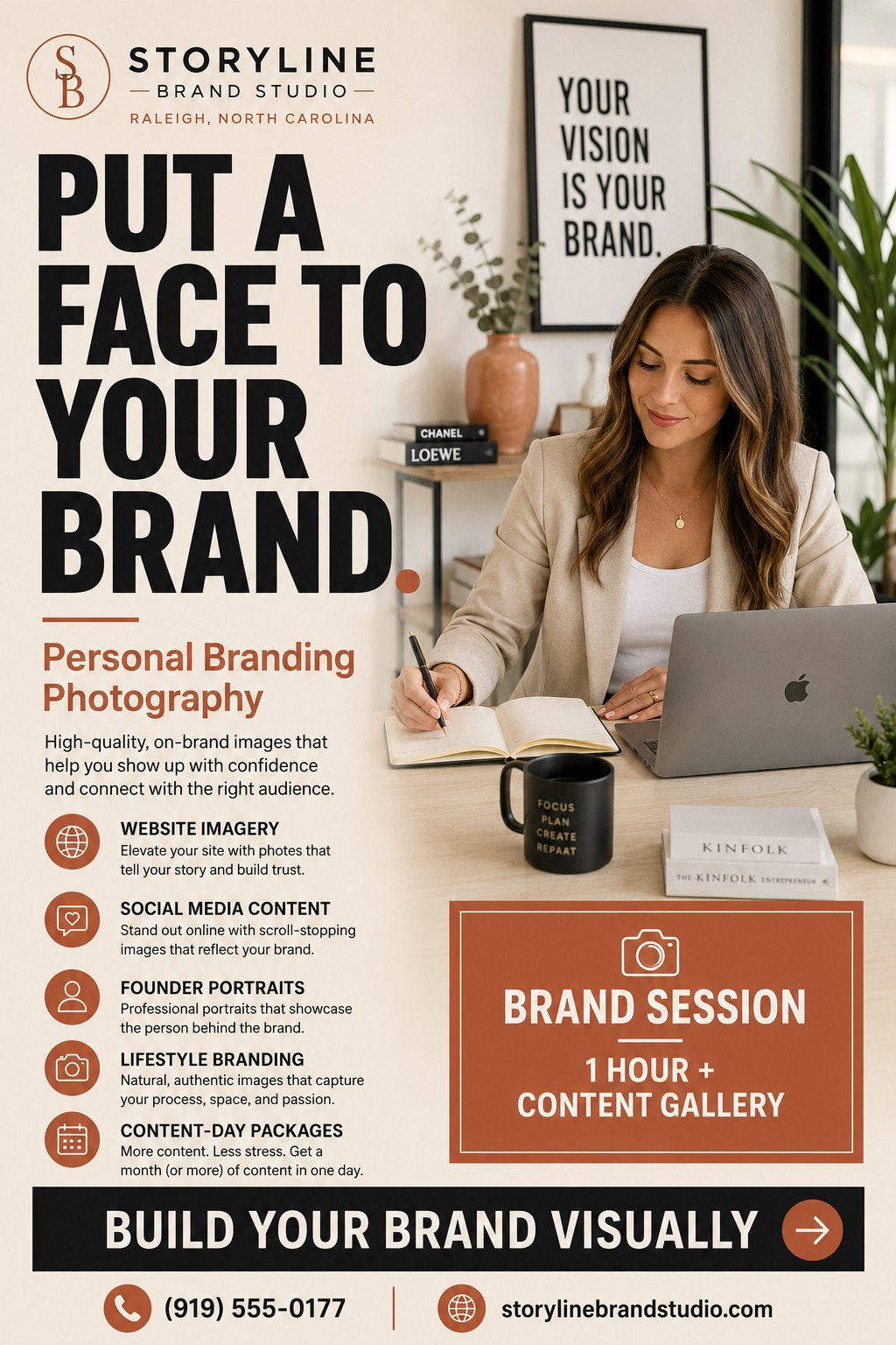 A professional flyer for personal branding photography featuring a large image of a woman working at a desk. It includes bold black text, terracotta accents, a list of services with icons, and contact information.