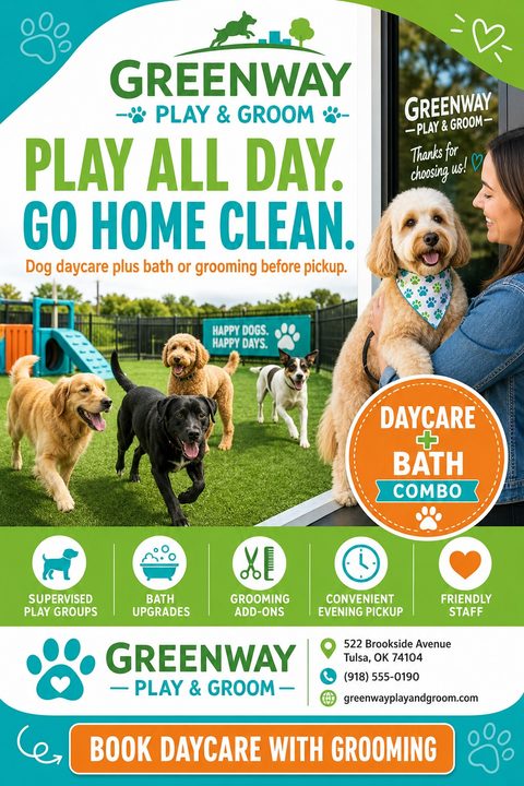 A playful flyer for a dog daycare and grooming business featuring a large photo of dogs playing outdoors, a woman holding a groomed dog, service icons, and a bright orange promotional badge.