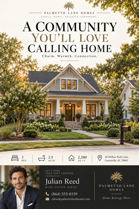 Real estate flyer template featuring a large photo of a charming suburban home with a front porch, property details like bedrooms and square footage, and agent contact information at the bottom.