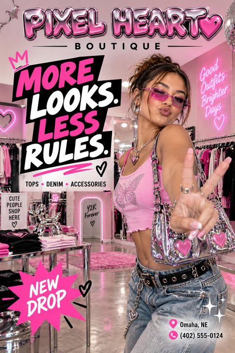 A vibrant pink flyer for a fashion boutique featuring a young woman in a pink top and jeans making a peace sign, with bold text reading 'More Looks. Less Rules.' and 'New Drop'.