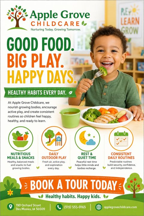 A flyer for Apple Grove Childcare featuring a smiling young boy eating broccoli. Text reads 'Good Food. Big Play. Happy Days.' with icons for nutritious meals, outdoor play, rest time, and daily routines. A banner at the bottom says 'Book a Tour.