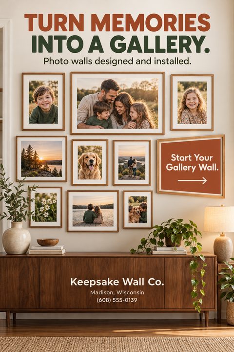 Flyer for a picture framing business showing a gallery wall of family photos above a wooden sideboard. Text reads 'Turn memories into a gallery. Photo walls designed and installed.'