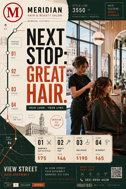 Hair salon flyer with a transit map theme. Large text reads 'Next Stop: Great Hair.' Features a photo of a stylist working on a client's hair, alongside a stylized subway map line detailing services like cut, colour, style, and finish. Includes a.