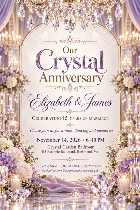 An elegant anniversary invitation featuring a gold-framed text area surrounded by sparkling crystal chandeliers, lavender and white floral arrangements, and scattered diamonds on a reflective surface.