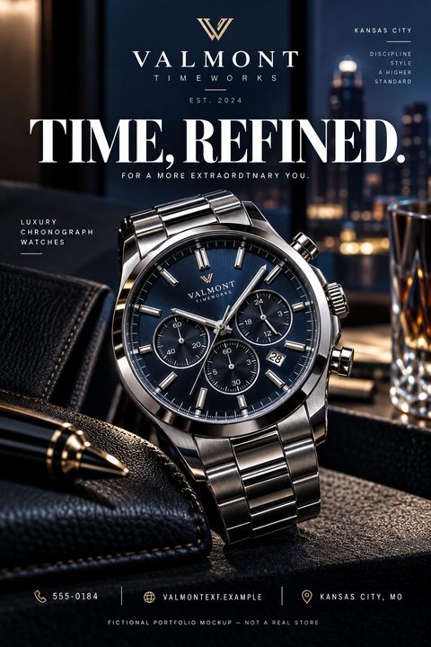 A luxury chronograph watch with a blue face and silver band rests on a dark textured surface next to a black and gold pen. The background shows a blurred city skyline at night. Text reads 'Time, Refined.'