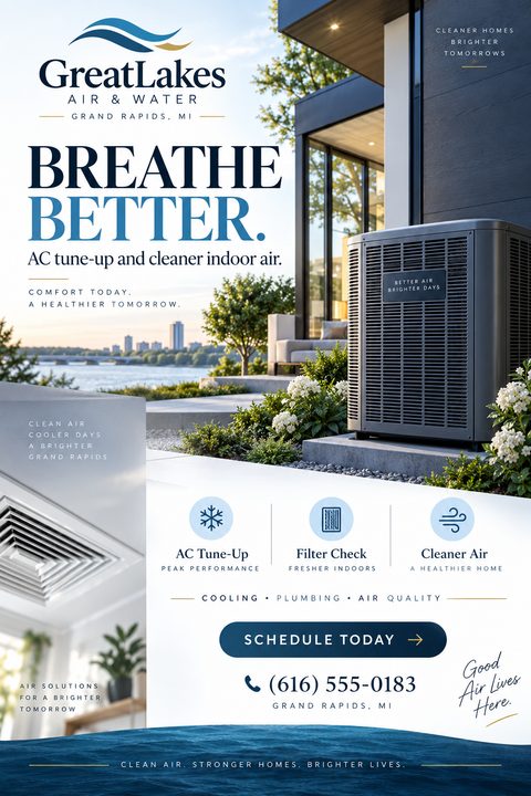A flyer for Great Lakes Air & Water promoting AC tune-ups and cleaner indoor air. It features images of an outdoor AC unit by a lake and an indoor air vent, along with icons for AC Tune-Up, Filter Check, and Cleaner Air.