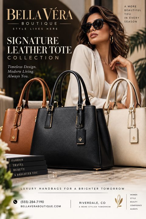 A luxury fashion flyer for a boutique featuring three leather tote bags in brown, black, and cream, with a stylish woman in sunglasses in the background. Text reads 'Signature Leather Tote Collection'.
