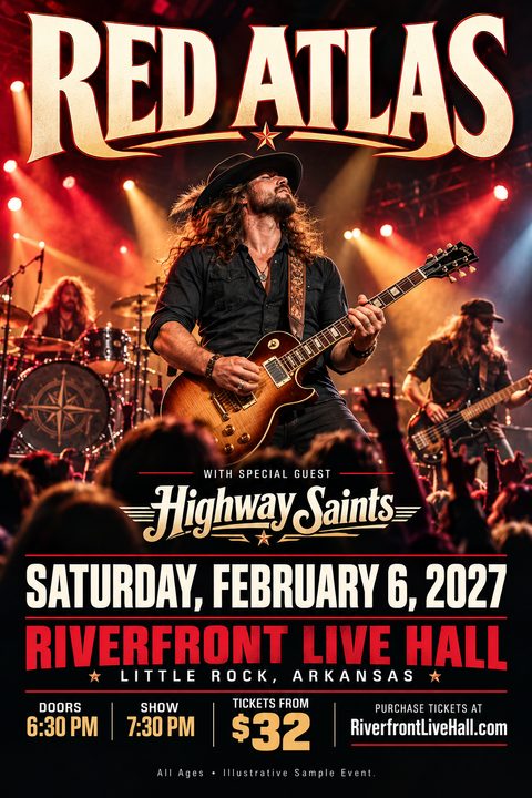 A concert flyer template featuring a live band performing on stage with red lighting. Bold, stylized text displays the band names, date, venue, and ticket information.