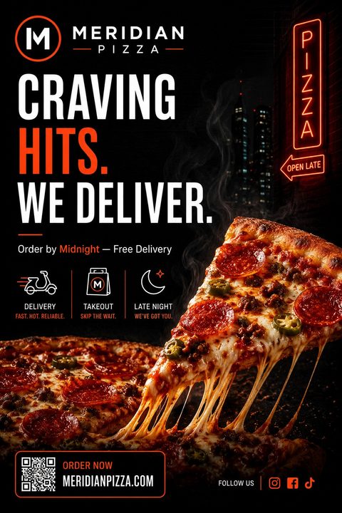 A dark-themed flyer for Meridian Pizza with a large, appetizing image of a pizza slice with melting cheese. Text reads 'Craving Hits. We Deliver.' and 'Order by Midnight - Free Delivery'. Icons for delivery, takeout, and late night are shown. A neon.