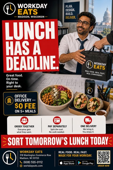 Flyer for office lunch delivery featuring a man receiving a delivery bag at his desk, with a salad bowl and wraps in the foreground. Bold red text reads 'Lunch has a deadline.'