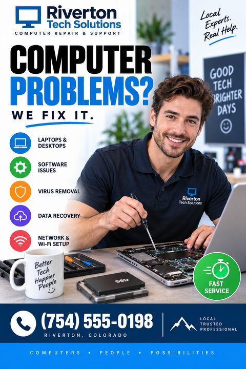 A computer repair flyer featuring a smiling technician working on a laptop. Bold text reads 'Computer Problems? We Fix It.' alongside colorful icons listing services like virus removal and data recovery.
