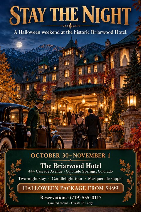 A flyer for a Halloween weekend package featuring a detailed illustration of guests arriving at a grand, historic stone hotel at night under a full moon. Elegant gold typography sits on a dark green background.