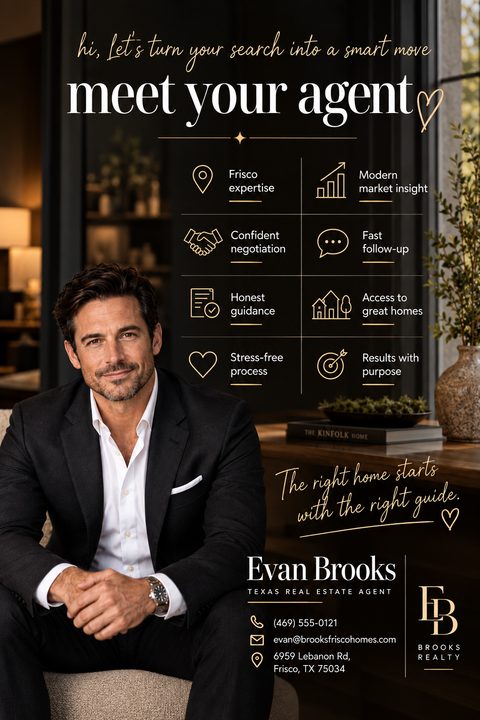 Real estate agent introduction flyer with a dark background, a large photo of a male agent in a suit, the headline 'meet your agent', a grid of eight icons with text highlighting services like 'Frisco expertise' and 'Confident negotiation', and.