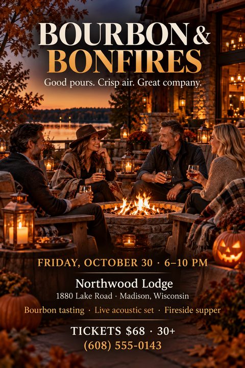 A cozy fall event flyer featuring a photo of four friends drinking bourbon around a glowing fire pit at dusk. Jack-o'-lanterns decorate the scene, with event details in elegant serif typography below.