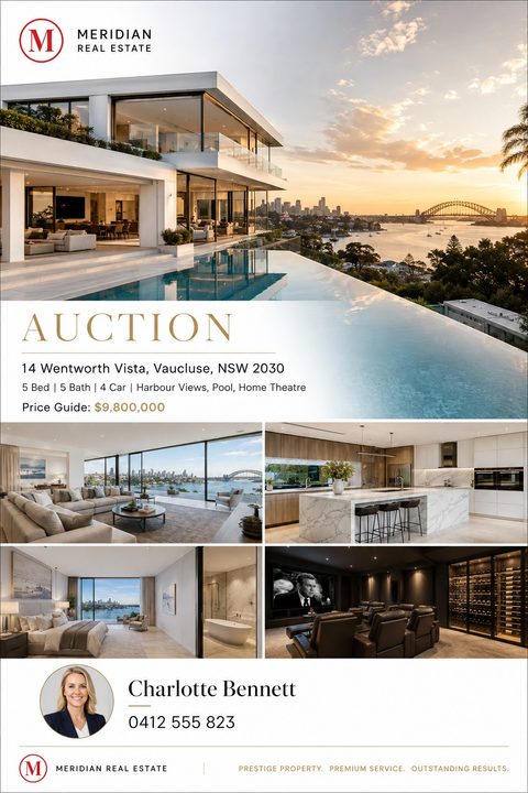 Real estate auction flyer featuring a large hero image of a luxury home with an infinity pool, four smaller interior photos, gold text, and agent contact details.
