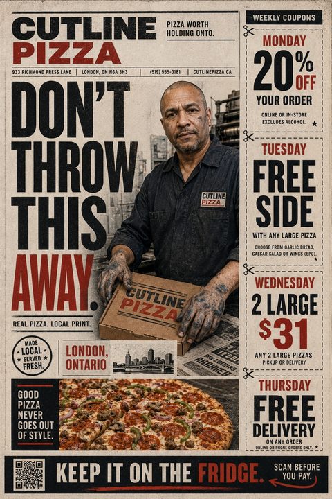 Vintage newspaper-style pizza flyer featuring a man holding a pizza box, a large pizza photo, and a right column with four tear-off style weekly coupons. Bold typography in black and red.