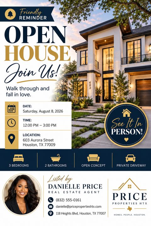 Real estate open house flyer with a large photo of a modern two-story house at twilight. The design uses navy blue and gold accents, with sections for date, time, location, property features, and agent contact details.