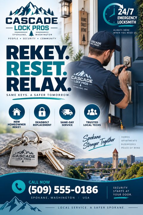 A flyer for Cascade Lock Pros, an emergency locksmith service in Spokane, Washington. The flyer features a photo of a locksmith working on a door, a set of keys, and a cityscape of Spokane. It highlights services like rekeying, deadbolt replacement.
