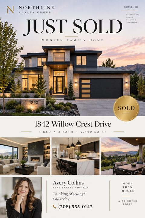 A real estate 'Just Sold' flyer featuring a large photo of a modern two-story home at twilight, a gold 'Sold' badge, three smaller photos of the interior and patio, and the agent's headshot and contact information.