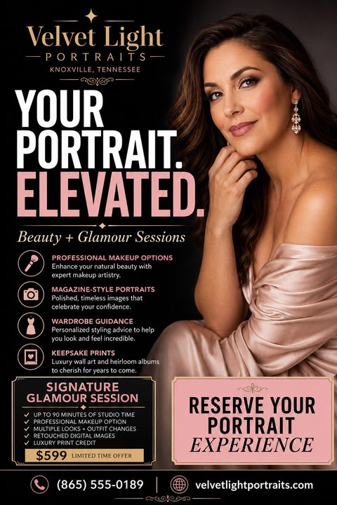 A dark, elegant flyer for portrait photography featuring a large photo of a woman in a silk dress. It includes gold text, service icons, a pricing box for a signature session, and contact details.