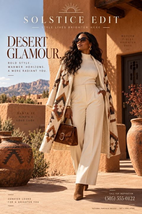 A fashion flyer featuring a woman in a stylish cream outfit and patterned coat standing outside an adobe building. Text reads 'Solstice Edit', 'Desert Glamour', and includes a phone number.