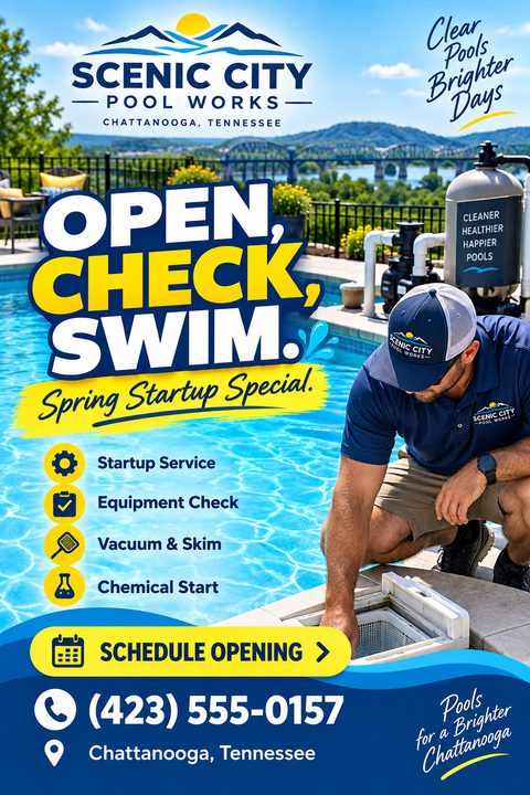 A flyer for pool services featuring a man checking a pool skimmer next to a bright blue swimming pool. Bold yellow and white text advertises a Spring Startup Special with a list of services.