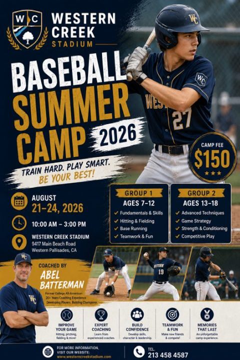 A flyer for a Baseball Summer Camp featuring a large photo of a baseball player at bat, with smaller photos of players fielding and pitching. The design uses a navy blue and gold color palette with bold text.