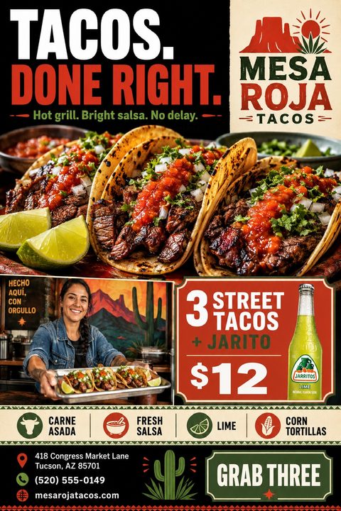 Flyer for Mesa Roja Tacos featuring a large photo of three carne asada street tacos with salsa and lime. Text reads 'Tacos. Done Right.' Below is a photo of a woman holding a tray of tacos, and a special offer: '3 Street Tacos + Jarito $12'. Icons.