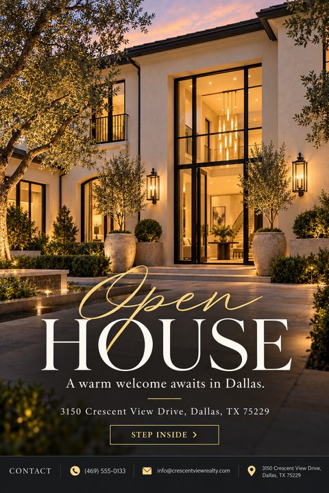 Open house flyer featuring a large twilight photo of a luxury mansion with warm lighting. Elegant typography reads 'Open HOUSE' over the image, with property details and contact information below.