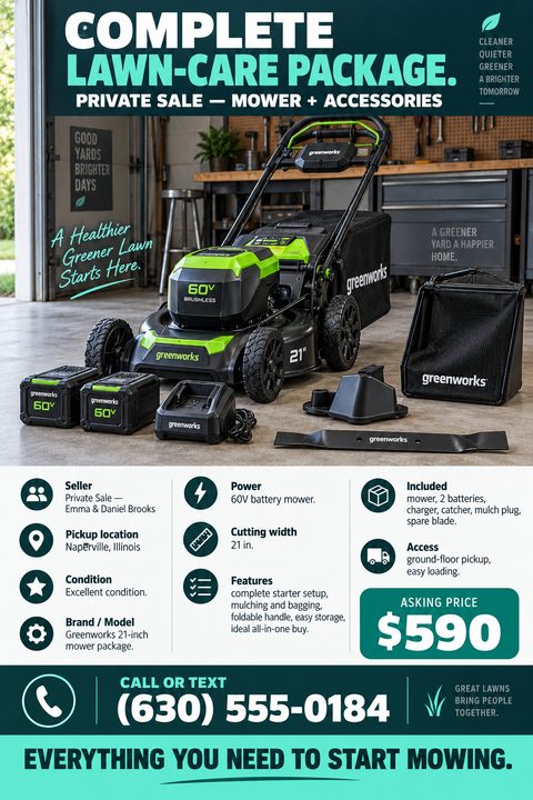 A private sale flyer for a lawn mower package. It features a large photo of a green and black mower in a garage, followed by a structured grid of item details and a large asking price.