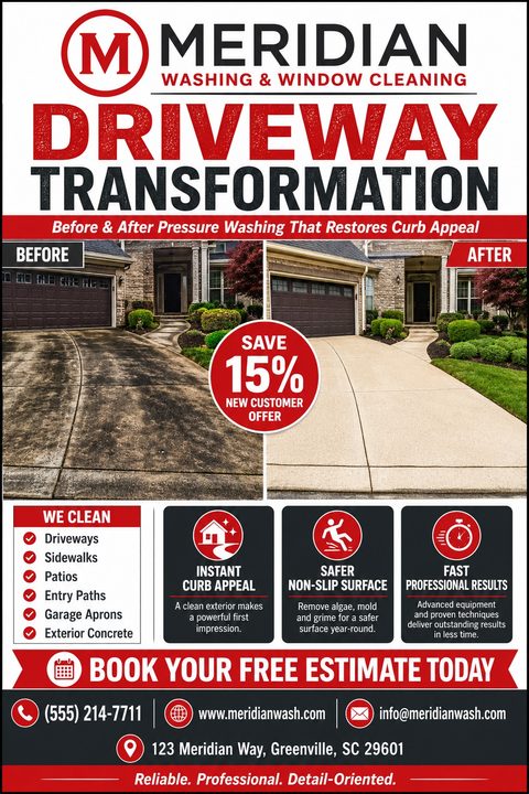 Pressure washing flyer template with a large 'Driveway Transformation' headline. Features a side-by-side before and after photo of a dirty then clean driveway, a 15% off badge, a list of services, and contact information at the bottom.