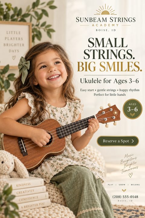 Flyer for Sunbeam Strings Academy offering ukulele lessons for ages 3-6. Features a smiling young girl playing a ukulele, with text 'Small Strings. Big Smiles.' in dark green and gold.