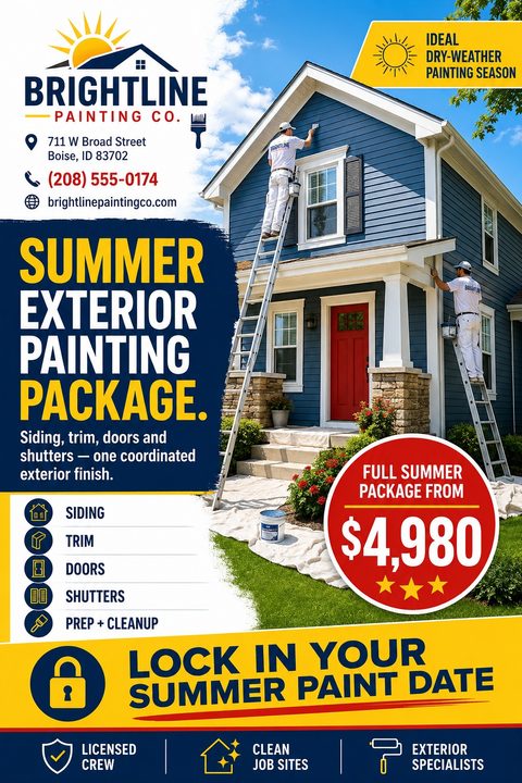 A flyer for a painting company featuring a large photo of two painters on ladders painting a blue house. Bold navy and yellow text blocks highlight a summer exterior painting package and pricing.
