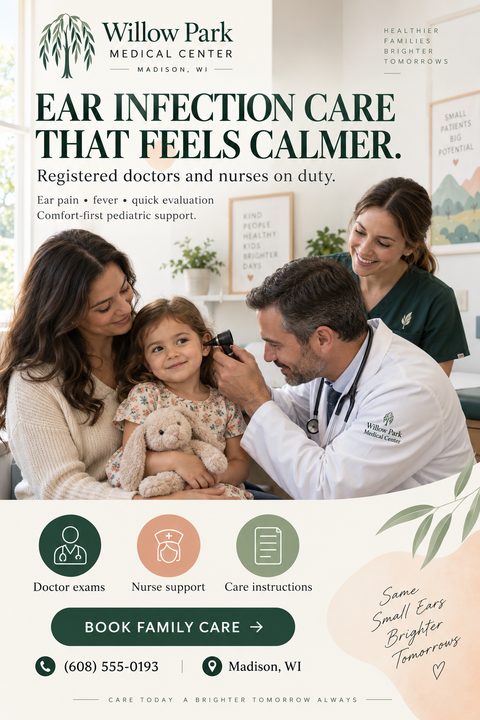 A flyer for a medical center promoting ear infection care. The main image shows a doctor examining a young girl's ear while her mother holds her and a nurse smiles in the background. The flyer includes icons for doctor exams, nurse support, and care.