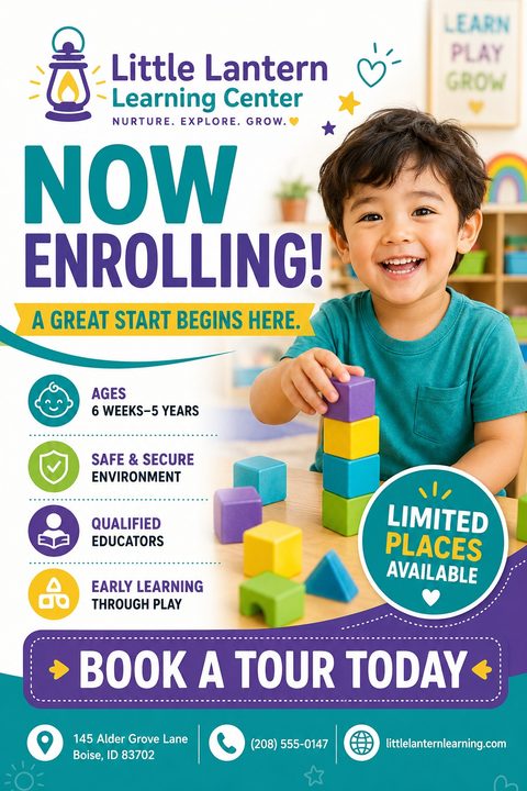 Flyer for a learning center with a photo of a smiling young boy playing with colorful building blocks. Text reads 'Now Enrolling! A great start begins here.' with bullet points for ages, safe environment, qualified educators, and early learning.