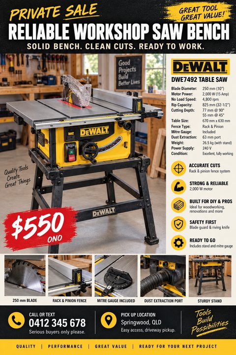 A bold, industrial-style flyer for selling a table saw. It features a large central photo of the tool, a detailed specs list, a prominent red price tag, and five smaller detail photos below.