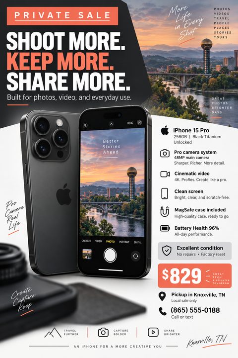 Flyer for a private sale of an iPhone 15 Pro. Features a large image of the phone, a list of specs like 'Pro camera system' and 'Battery Health 96%', and a price of $829.