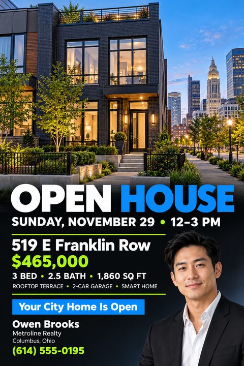Real estate open house flyer. Top half shows a modern, dark brick townhouse at twilight in a city setting. Bottom half has a black background with large white and blue text reading 'OPEN HOUSE', event details, property address, price, features, and.
