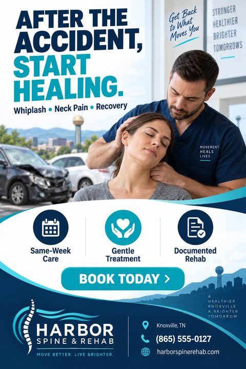 Flyer for Harbor Spine & Rehab with a photo of a chiropractor treating a patient's neck, a smaller photo of a car accident, and icons for same-week care, gentle treatment, and documented rehab.
