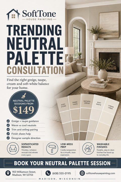 Flyer for SoftTone House Painting offering a Trending Neutral Palette Consultation. Features a photo of a modern, neutral-toned living room and a fan of paint swatches in shades of greige, taupe, and cream.