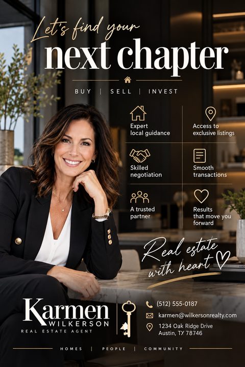 Real estate agent flyer template featuring a large portrait of a woman in a black blazer. Text reads 'Let's find your next chapter' and 'Real estate with heart'. Includes a grid of services with icons and contact information at the bottom.