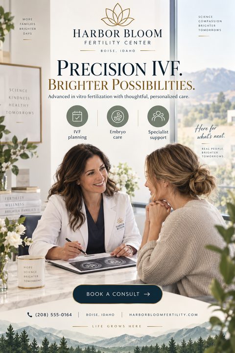 A flyer for a fertility center featuring a doctor in a white coat smiling and consulting with a female patient across a desk. The design includes a logo, service icons, and contact information at the bottom.