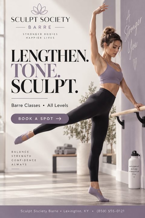 A flyer for a barre studio featuring a woman in workout clothes doing a barre exercise. The text reads 'Lengthen. Tone. Sculpt. Barre Classes - All Levels'.