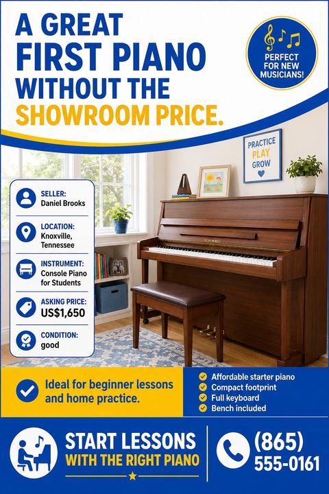 Flyer for a used piano sale. Large text reads 'A great first piano without the showroom price.' Features a photo of a wooden upright piano in a home setting. Includes sections for seller details, location, asking price, condition, and features like.