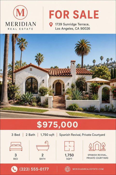 Real estate flyer for a Spanish Revival home for sale. Features a large photo of a white stucco house with a terracotta roof, a red banner with the price, and icons for beds, baths, and square footage.