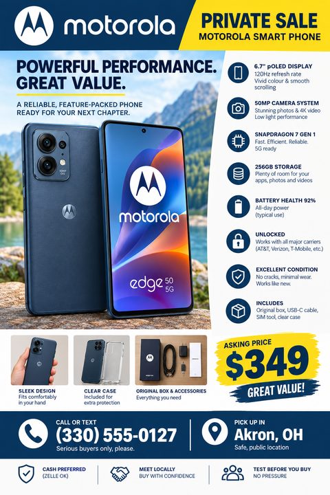 A flyer for a private sale of a smartphone. It features a large image of a blue phone against a mountain backdrop, a list of specs with icons, smaller photos of the phone and accessories, a large yellow price tag of $349, and contact/pickup details.